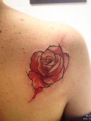 背部泼墨红玫瑰纹身图案