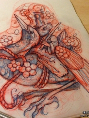 传统仙鹤老鼠花朵纹身图案手稿