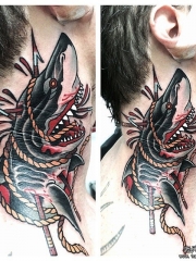 颈部鲨鱼绳子箭school纹身图案