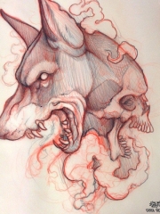 欧美school狗头骷髅纹身图案手稿