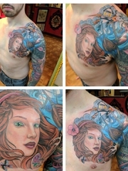 男性左手半甲风格大海船只和美丽女子纹身