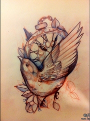 school鸟时钟纹身图案手稿