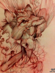 欧美狼头鸟纹身图案手稿