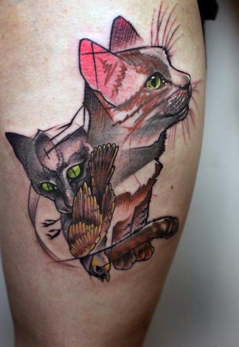 彩色的各种风格猫纹身动物图案纹身