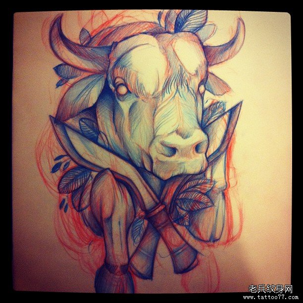 school牛头匕首欧美纹身图案手稿