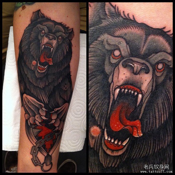 大腿欧美school熊铁链纹身图案