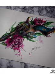 欧美花卉泼墨手枪纹身图案手稿