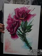 泼墨欧美玫瑰花纹身图案手稿