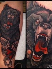 大腿欧美school熊铁链纹身图案