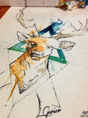 欧美泼墨麋鹿几何纹身图案手稿