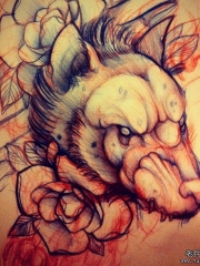 狼头花卉school欧美纹身图案手稿