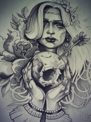 欧美女郎school骷髅纹身图案手稿