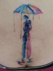 腰部个性的水墨彩色情侣人像纹身图案