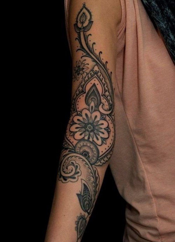 手臂上黑白灰风格点刺纹身图案