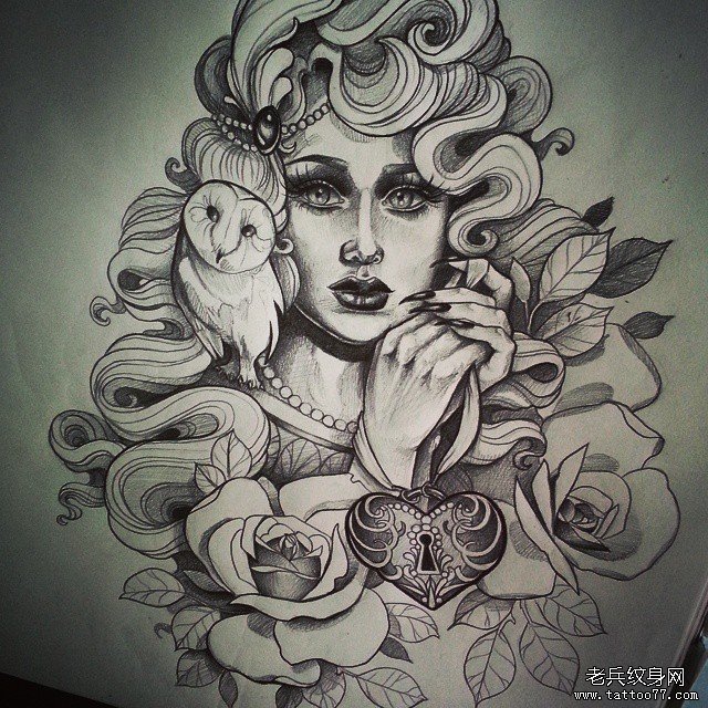 欧美女郎school猫头鹰心形锁纹身图案手稿