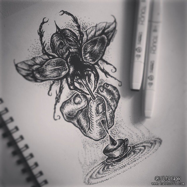 欧美昆虫点刺手纹身图案手稿