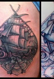 大腿school海浪帆船纹身图案