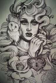 欧美女郎school猫头鹰心形锁纹身图案手稿