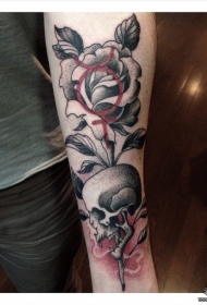 小臂欧美玫瑰点刺骷髅纹身图案