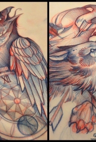 欧美school乌鸦狼头钟表纹身图案手稿