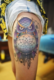 大腿猫头鹰捕梦网彩绘纹身图案