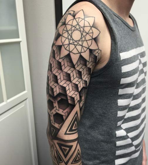 黑色几何线条纹身点刺技巧花臂半甲纹身男士霸气纹身图案