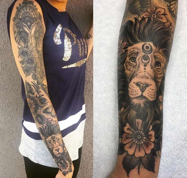 女性手臂线条纹身点刺技巧文艺花臂纹身素描技巧纹身图案