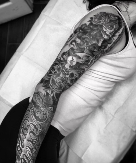 女性手臂线条纹身点刺技巧文艺花臂纹身素描技巧纹身图案