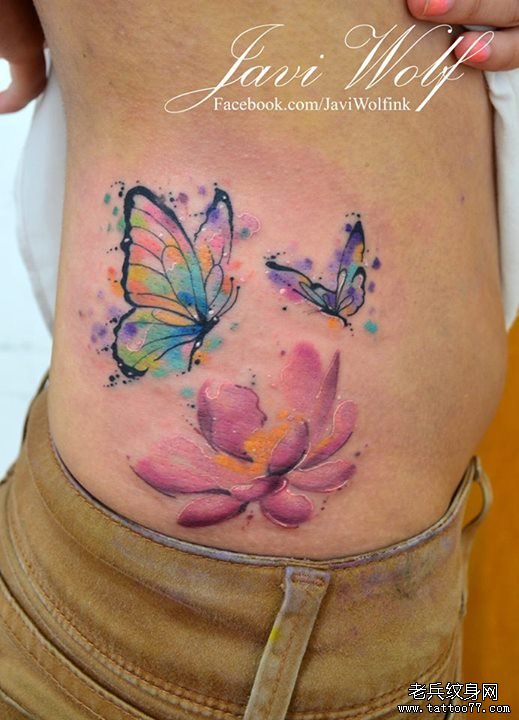 侧腰莲花蝴蝶彩色泼墨纹身图案