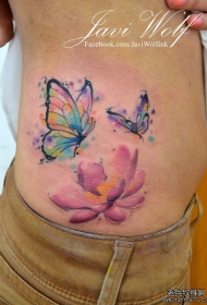 侧腰莲花蝴蝶彩色泼墨纹身图案