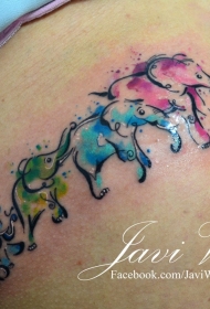 大腿泼墨大象家庭纹身彩色图案