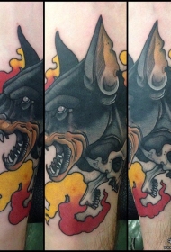 小腿school狗头火焰纹身图案