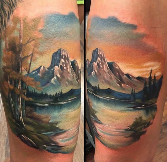 彩色的手臂山水纹身花朵纹身风景大自然植物纹身图案