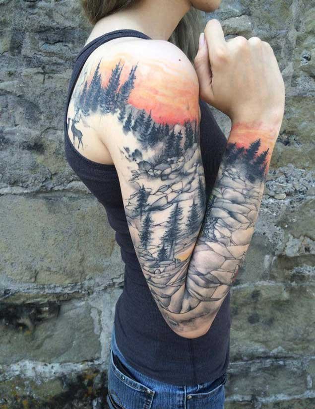 彩色的手臂山水纹身花朵纹身风景大自然植物纹身图案