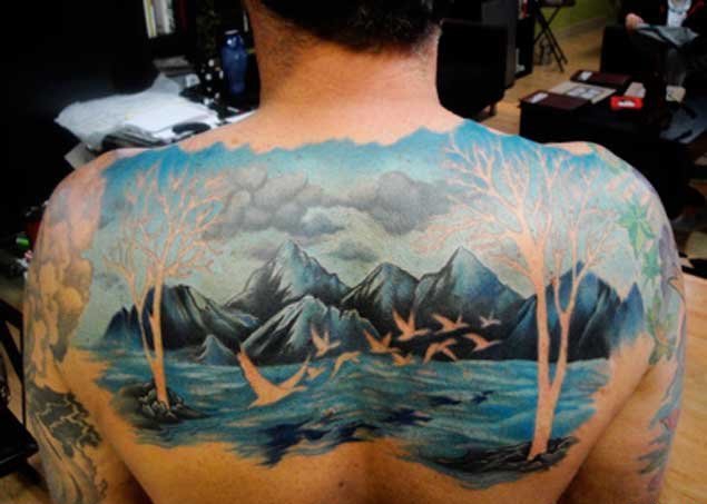 彩色的手臂山水纹身花朵纹身风景大自然植物纹身图案