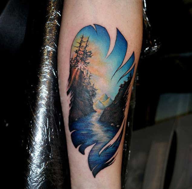 彩色的手臂山水纹身花朵纹身风景大自然植物纹身图案