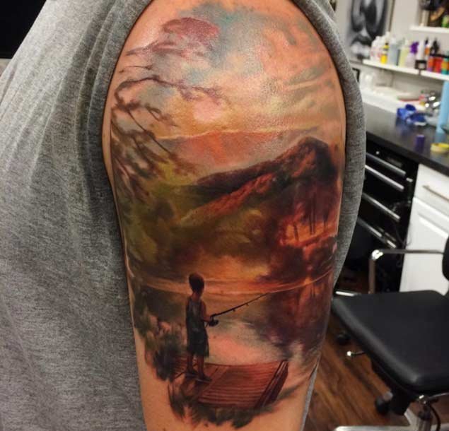 彩色的手臂山水纹身花朵纹身风景大自然植物纹身图案