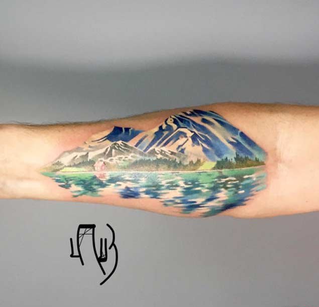 彩色的手臂山水纹身花朵纹身风景大自然植物纹身图案