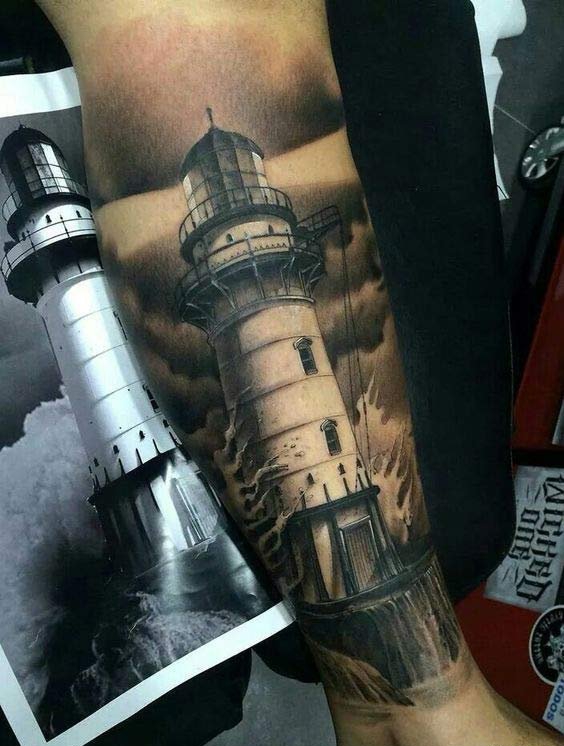 男性黑色的简易纹身素描小灯塔纹身点刺技巧纹身图案