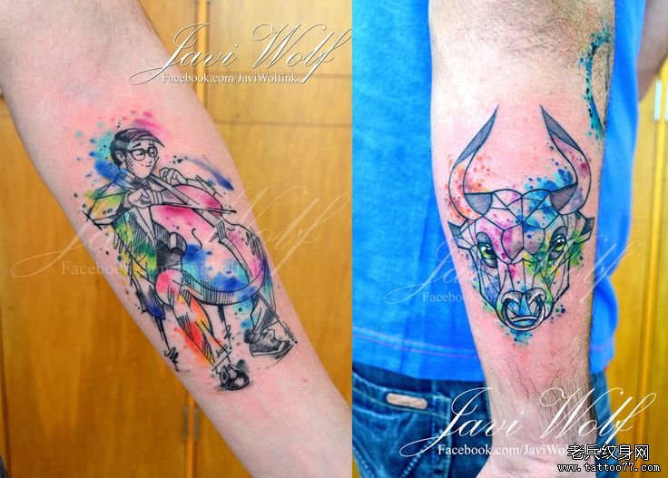 小臂彩色泼墨牛头和人物纹身图案