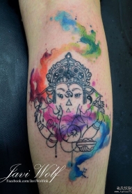 小腿象神泼墨彩色纹身图案