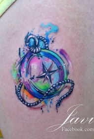 大腿泼墨指南针彩色纹身图案