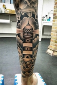 男性黑色的简易纹身素描小灯塔纹身点刺技巧纹身图案