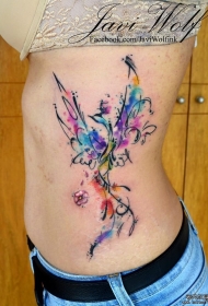 侧腰彩色泼墨凤凰纹身图案