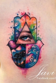 侧腰手与逼真眼睛彩色泼墨纹身图案