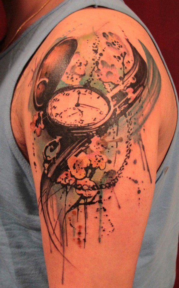 一组多元化纹身圆形古董怀表纹身图案