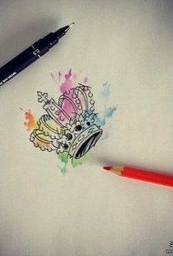 欧美泼墨彩色皇冠纹身图案手稿