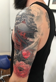 手臂意境牡丹花建筑纹身图案