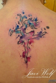 背部彩色泼墨舞女线条纹身图案