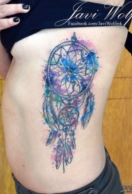 侧腰捕梦网彩色泼墨纹身图案